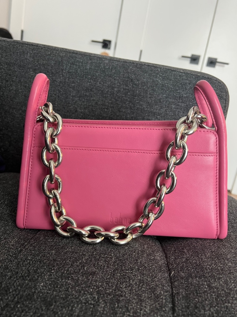 Behno Hot Pink Leather Shoulder Bag with Silver Chain